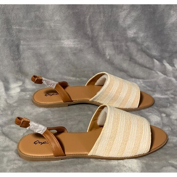 Qupid Sandals Women's 10 Cream Beige Open Toe Slingback Flat Desmond Vacation - Picture 3 of 11